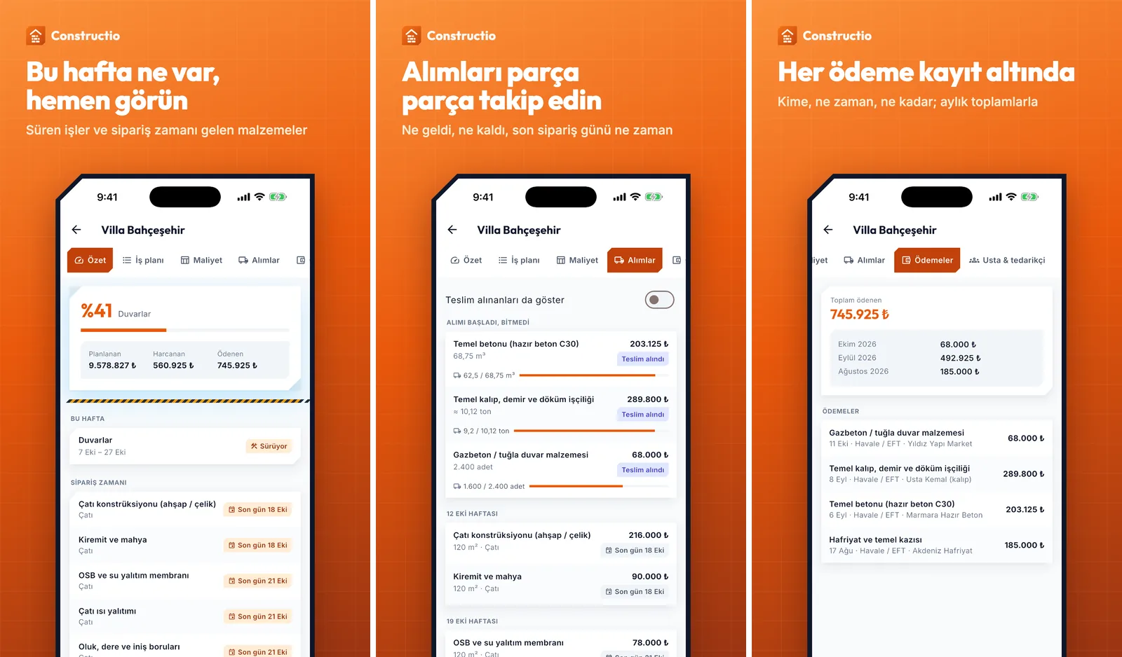 Constructio mobil uygulamasından üç ekran: bu hafta yapılacakları gösteren proje özeti, parça parça takip edilen alımlar ve aylık toplamlarıyla ödeme listesi
