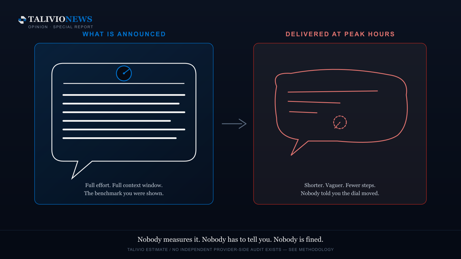 Two speech bubbles: a fully-formed detailed response labelled 'what is announced', and a rough, incomplete response labelled 'delivered at peak hours'